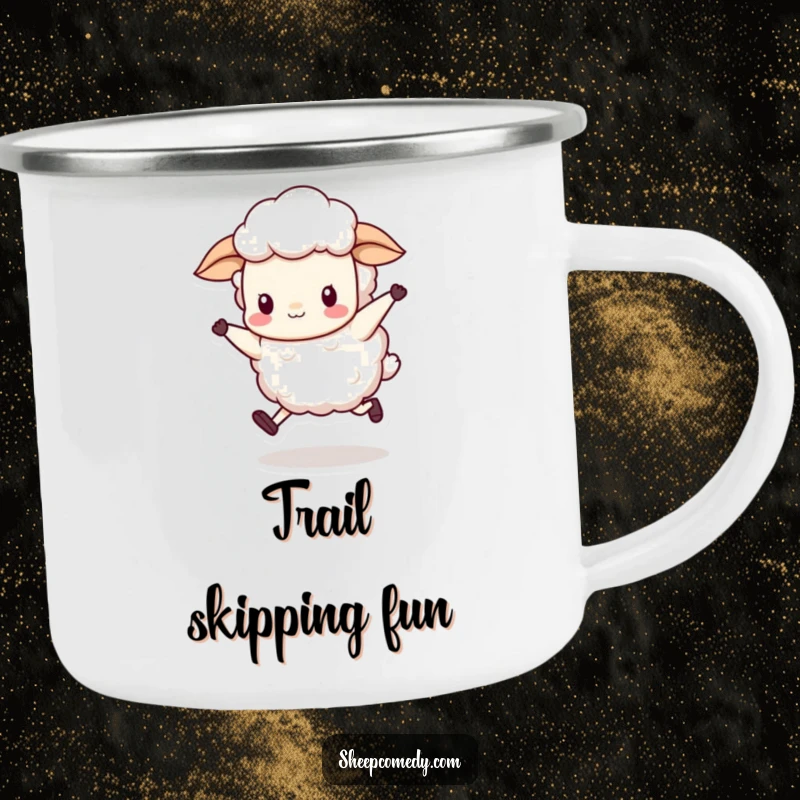 Funny sheep character performing a silly skip with its wool bouncing rhythmically, on a sturdy camping mug.