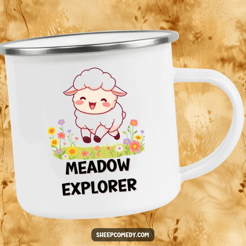 Funny camping mug with a fluffy sheep mid-leap, bleating joyfully, surrounded by a colorful field of flowers, perfect for outdoor drinks.