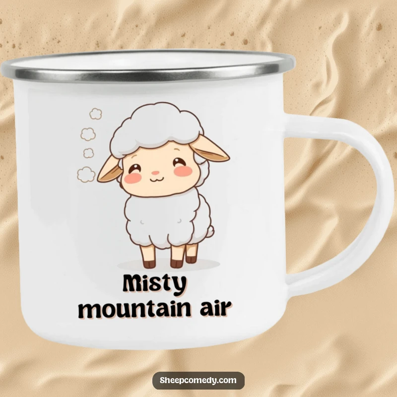 Funny sheep character exhaling a soft mist with a happy expression, on a sturdy camping mug for outdoor fun.