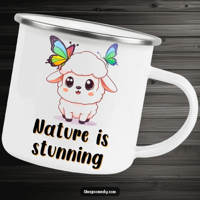 Funny sheep camping mug showing a sheep with wide eyes looking at a rainbow butterfly, ready for adventures with a sense of wonder.