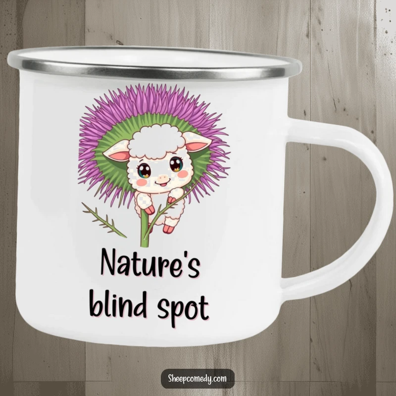 Funny sheep camping mug showing a curious character peeking from behind a thistle, bringing playful intrigue to outdoor adventures.