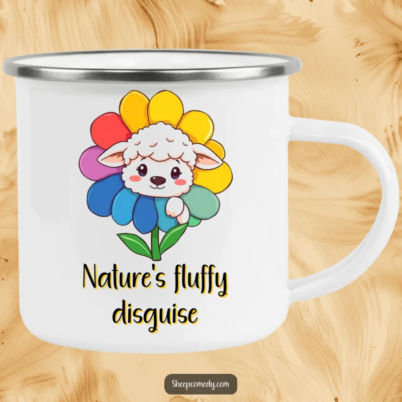 Funny Sheep Camping Mug: A durable mug with a sheep peeking from a rainbow flower, ideal for outdoor adventures.