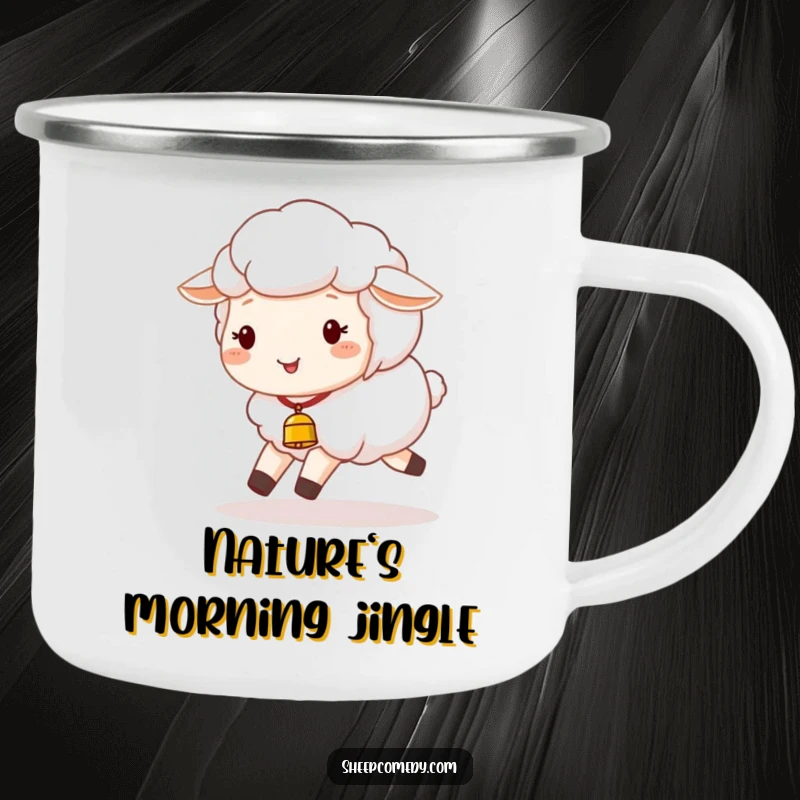 Funny Sheep Camping Mug: A cheerful sheep with a tiny bell joyfully skips along, ideal for outdoor adventures and humorous sipping.