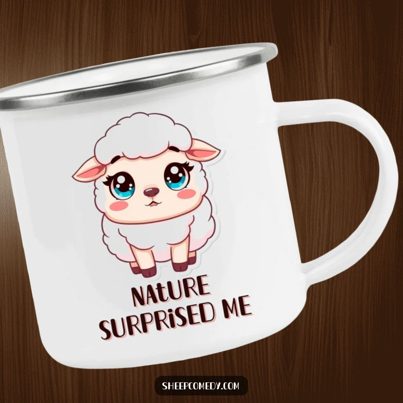 Funny Sheep Camping Mug of an innocent sheep character looking surprised with wide, innocent eyes, ready for campfire comfort.