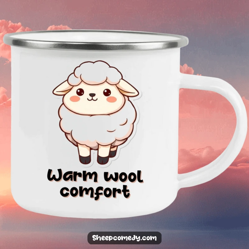 Funny sheep character with a contented smile and invitingly soft wool, on a sturdy camping mug for relaxation.