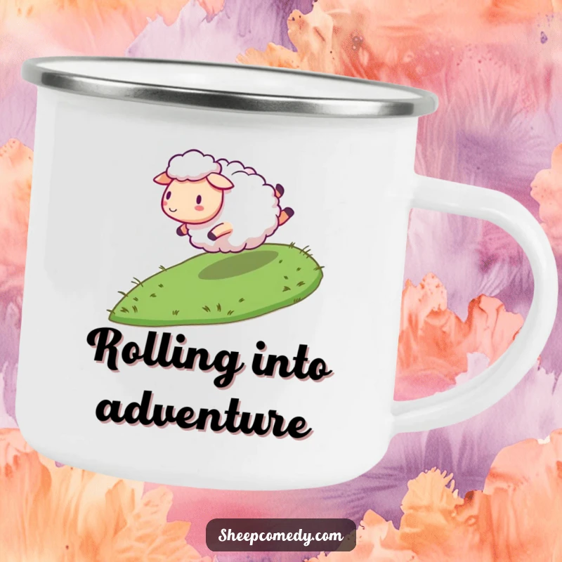 Funny Sheep Camping Mug: Sheep character rolling down a grassy slope, durable and humorous, perfect for outdoor activities.