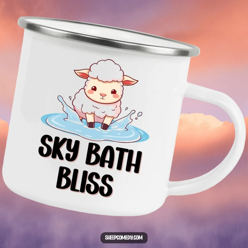 Funny camping mug depicting a sheep playfully splashing in a puddle of bright blue sky, a humorous and durable companion for outdoor fun.