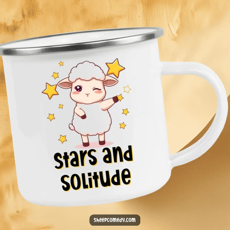 Funny camping mug with a winking sheep juggling bright stars, perfect for outdoor enthusiasts seeking humor.