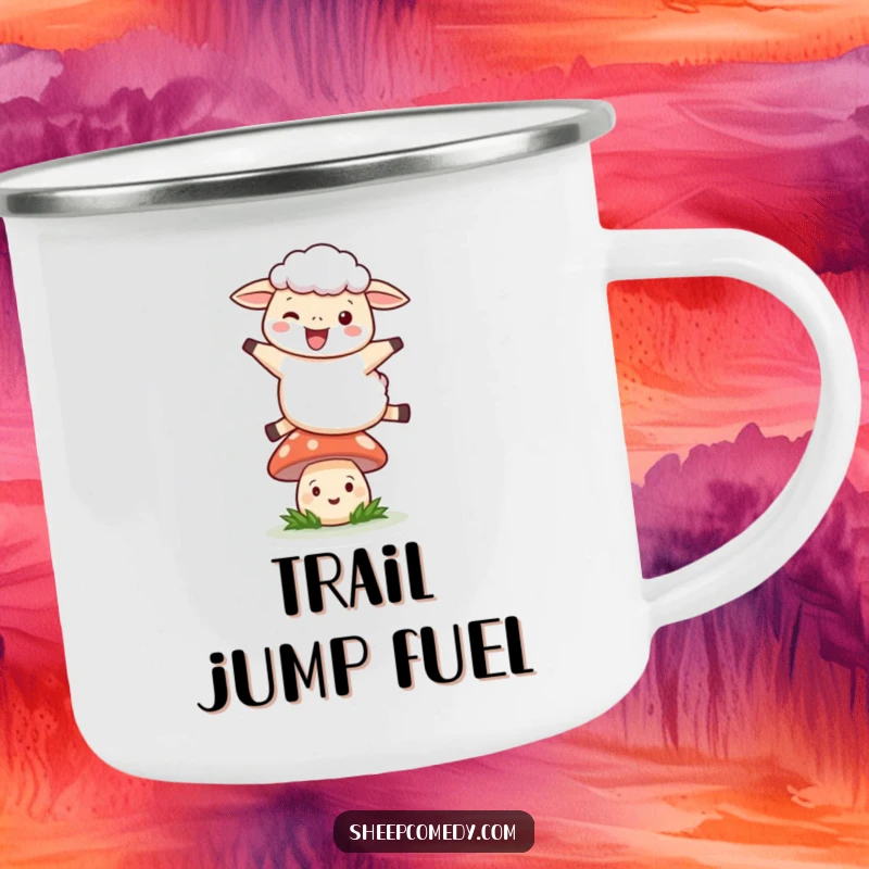 Funny Leaping Sheep Camping Mug: A sheep joyfully leaping over a smiling mushroom, a humorous mug for adventurers.