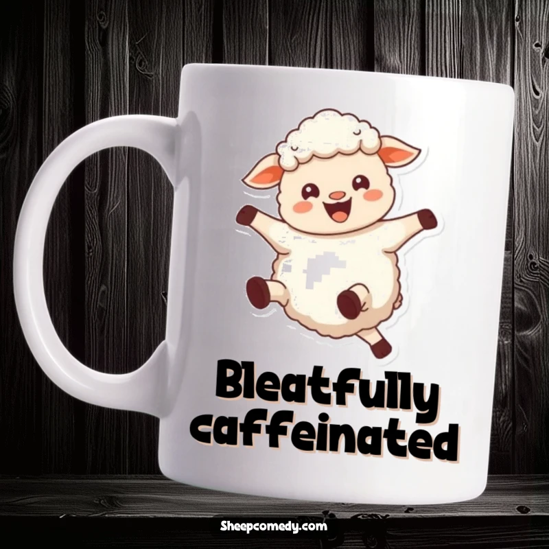 Funny sheep mug depicting a joyful sheep bleating loudly with woolly legs kicking energetically in the air.
