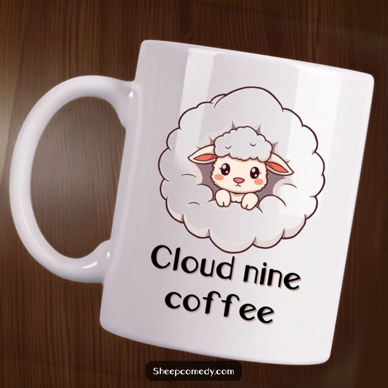 Funny Cloud Sheep Mug: A curious sheep peeking from a giant fluffy cloud, whimsical and humorous.