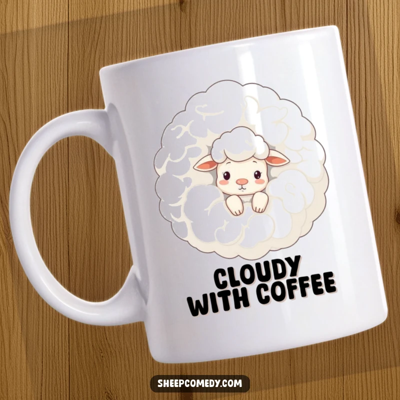 Funny sheep mug: a curious sheep character peeks from behind a massive, woolly cloud, showing wonder and gentle mischief.