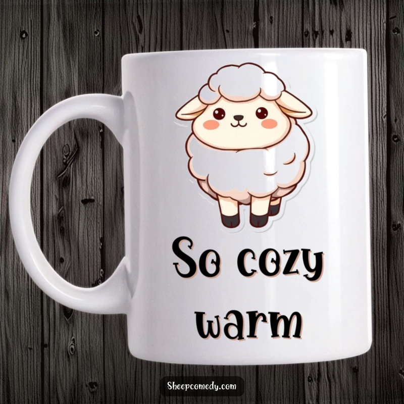 Funny sheep character with a contented smile and soft, inviting wool, featured on a comforting mug.
