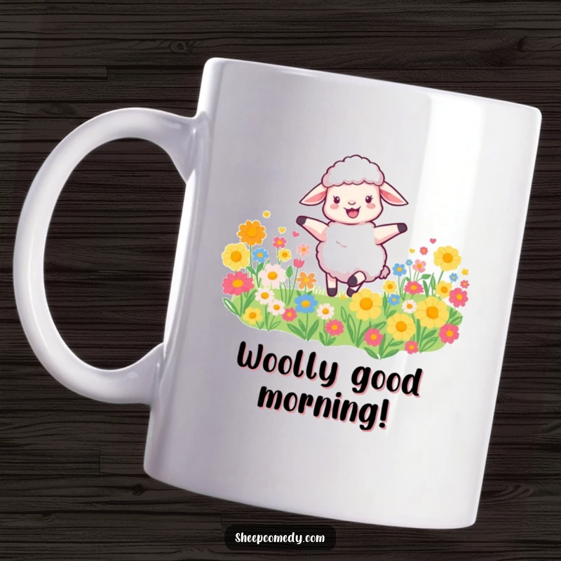 Funny Sheep Mug shows a happy sheep dancing joyfully in a colorful flower field, radiating pure happiness and a love for life.