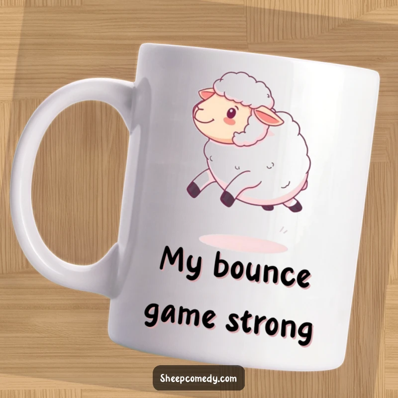 Funny kawaii sheep mug, depicted bouncing playfully with fluffy wool, radiating joy and cuteness for a delightful morning.
