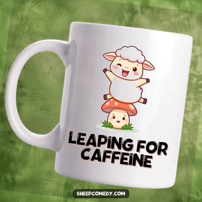 Funny Leaping Sheep Mug: A sheep joyfully leaping over a smiling mushroom, a whimsical and humorous gift.