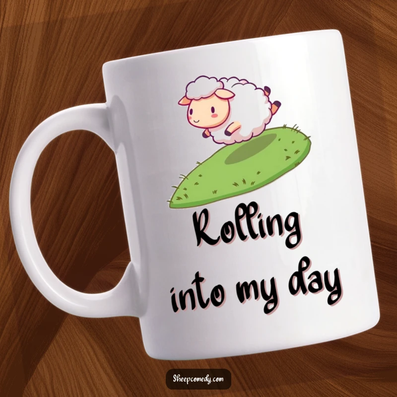 Funny Sheep Mug: An energetic sheep character joyfully rolling down a gentle, grassy slope, embodying pure fun.