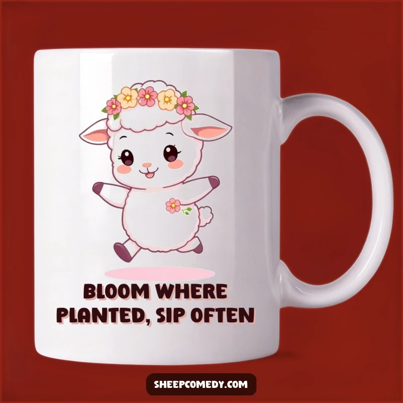 Funny Sheep Cub Skipping Mug, Adorable Flower Wreath, Perfect Funny Gift for Animal Lovers