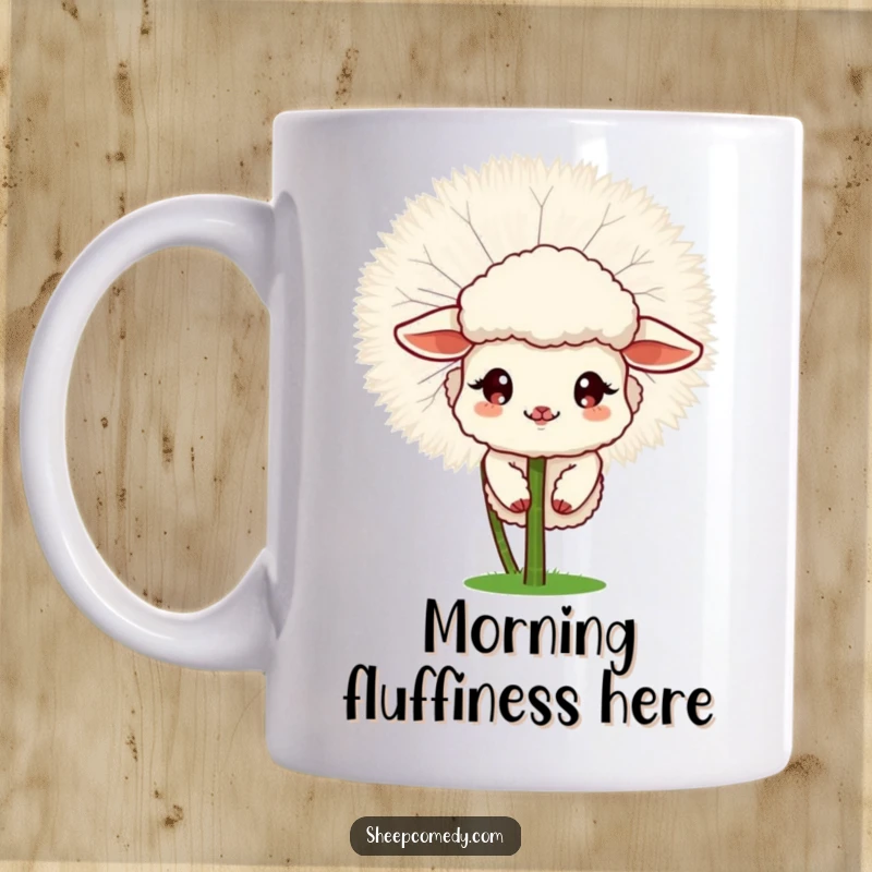 Funny Sheep mug showing a sheep peeking playfully from behind a large, fluffy dandelion, a cute gift.