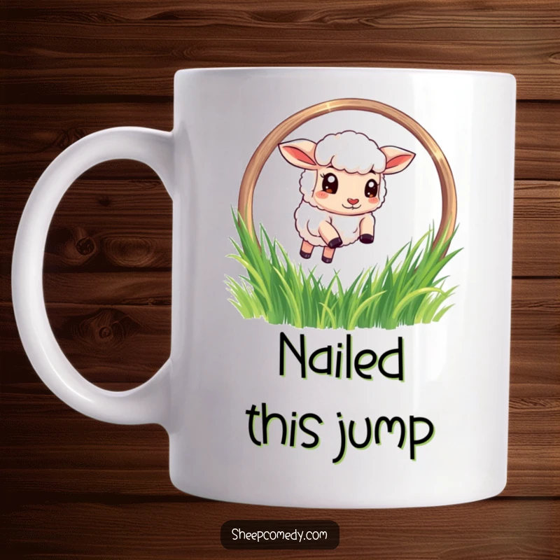 Funny Sheep Mug: A determined sheep character joyfully leaps through a shimmering hoop of grass, embodying pure unadulterated fun.
