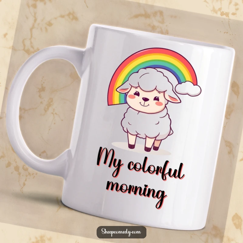 Funny mug with a sheep character sporting a silly grin, struggling humorously to balance a vibrant rainbow on its back.