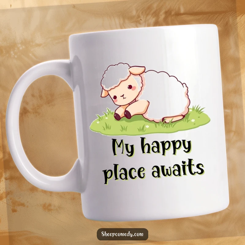 Funny Sheep Mug: A happy sheep character playfully rolling in soft green grass, embodying pure joy and carefree fun.