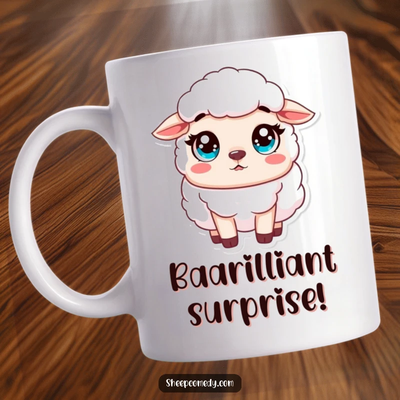 Funny Sheep Mug showing an innocent sheep character looking surprised with wide, innocent eyes, mouth slightly open.