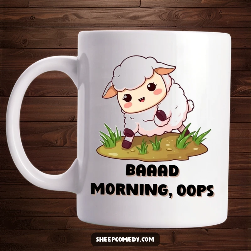 Funny Slipping Sheep Mug: A comical sheep comically falling on wet grass, capturing a moment of hilarious clumsiness.