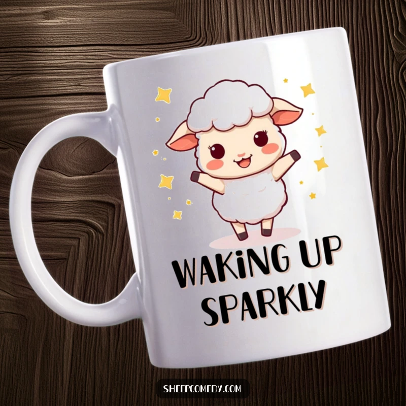 Funny Sheep Mug: A sheep character is captured mid-wiggle dance with joyful abandon, surrounded by sparkling tiny stars.