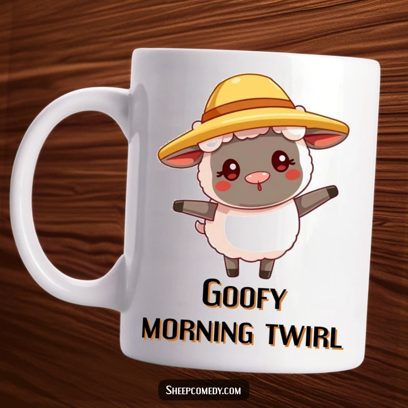 Funny sheep mug with a goofy expression, wearing a tiny straw hat and happily twirling, embodying pure joy.