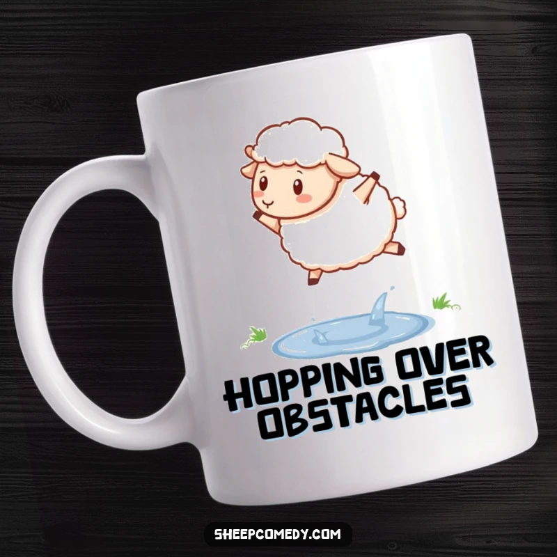 Funny sheep mug depicting a determined sheep joyfully hopping over a sparkling puddle, embodying perseverance.