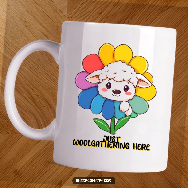Funny Sheep Mug: Adorable sheep peeking curiously from behind a vibrant rainbow flower, embodying playful innocence.