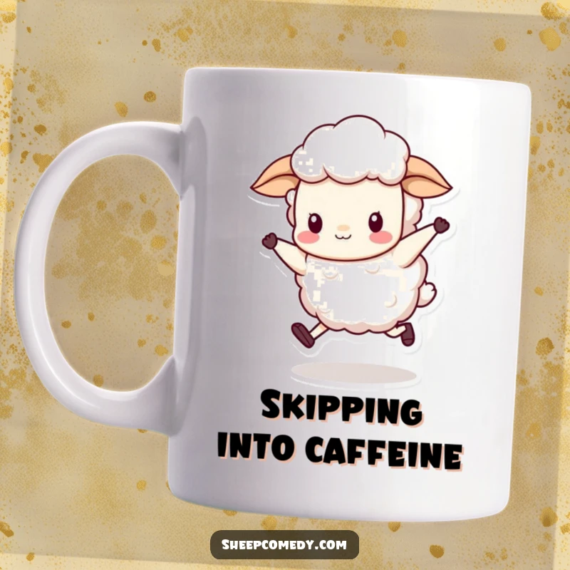 Funny sheep character performing a joyful, rhythmic skip with its wool bobbing hilariously on a mug.