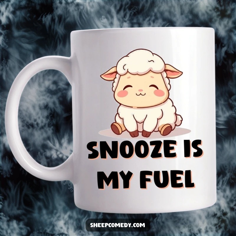 Funny mug showing a sheep character deeply relaxed, sighing contentedly as it naps peacefully in the warm sunshine.