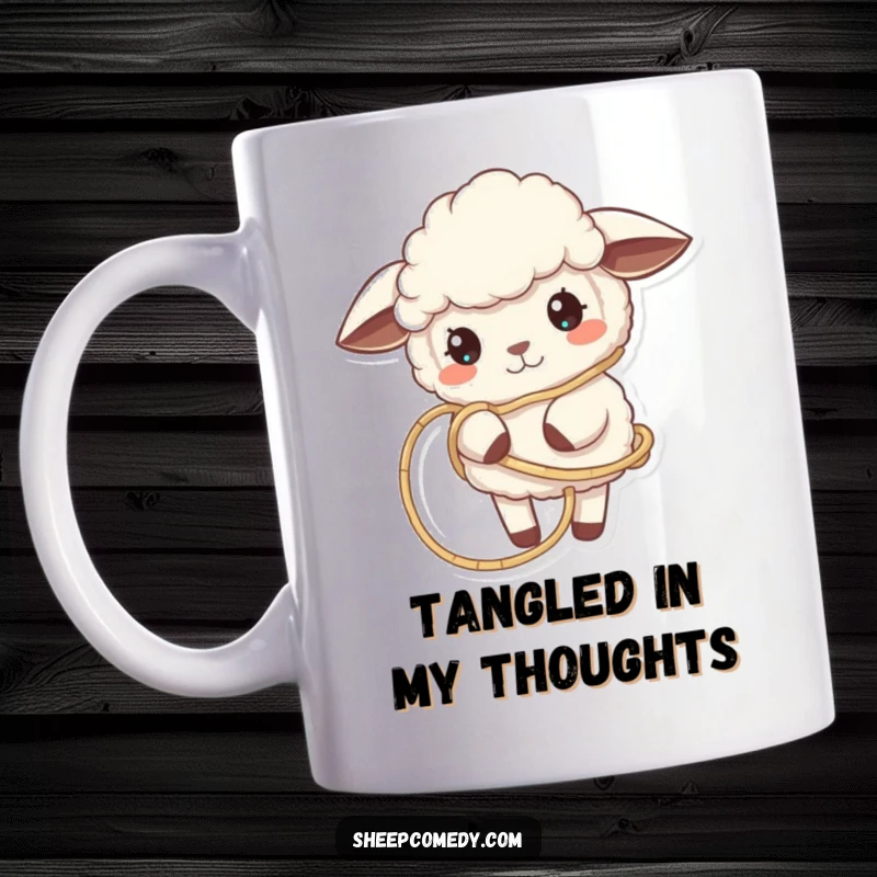 Funny Sheep Mug shows a sheep playfully tangled in soft, winding yarn, capturing a humorous and cozy crafting moment.