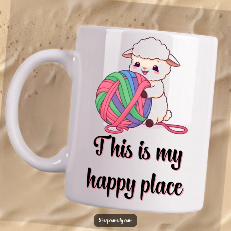 Funny Sheep Mug featuring a cheerful sheep gleefully playing with a huge, vibrant ball of yarn, bringing smiles.