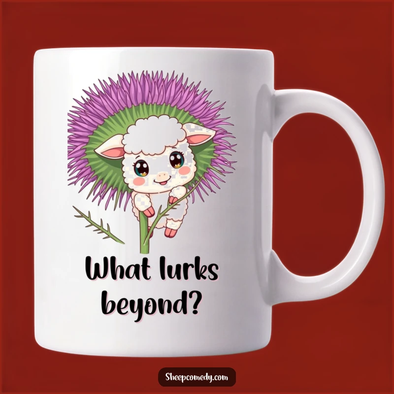 Funny Curious Sheep Mug: Peeking Behind Thistle, Wide-Eyed Wonder, Gift