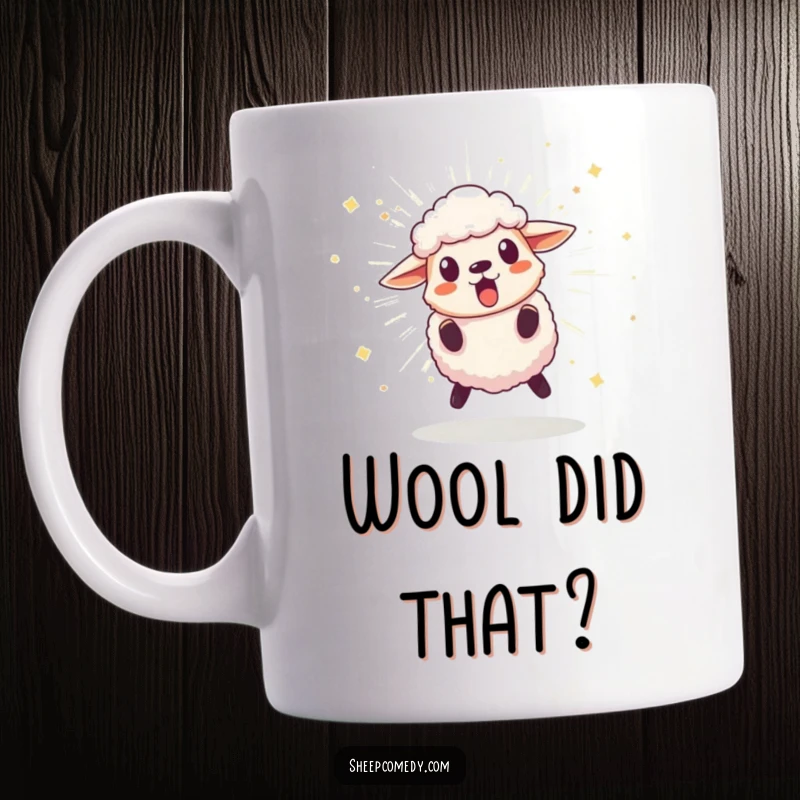 Funny mug showing a surprised sheep character leaping backward from a bursting, sparkling pom-pom, depicting comical shock and a sense of explosion.