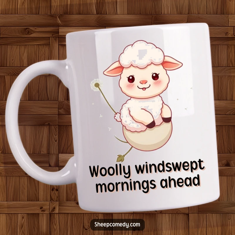 Funny Sheep Mug: A happy sheep rides a fluffy dandelion seed head, floating peacefully in the sky.