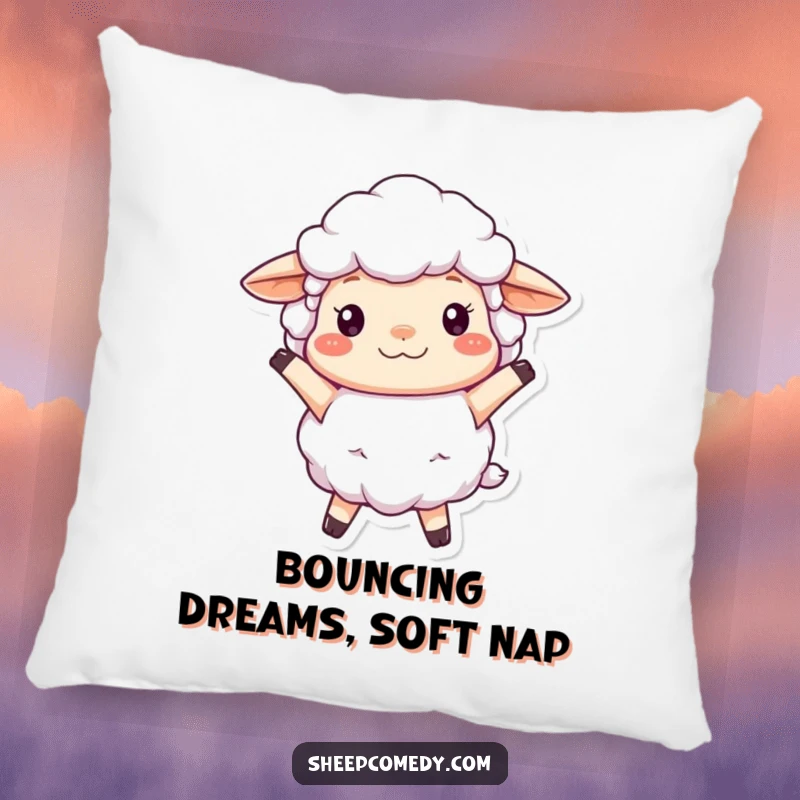 Funny Sheep Pillow featuring a fluffy, woolly sheep character bouncing cheerfully, offering comfort and a visual representation of pure joy.