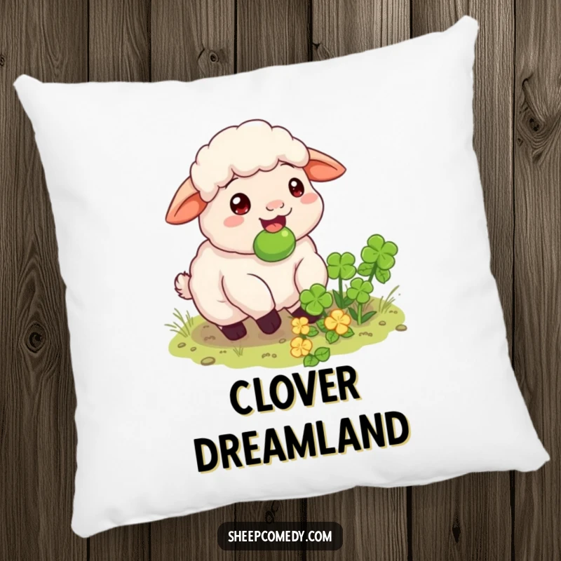 Funny sheep pillow featuring a happy sheep munching on a hidden clover patch, soft and contentment-filled home decor.