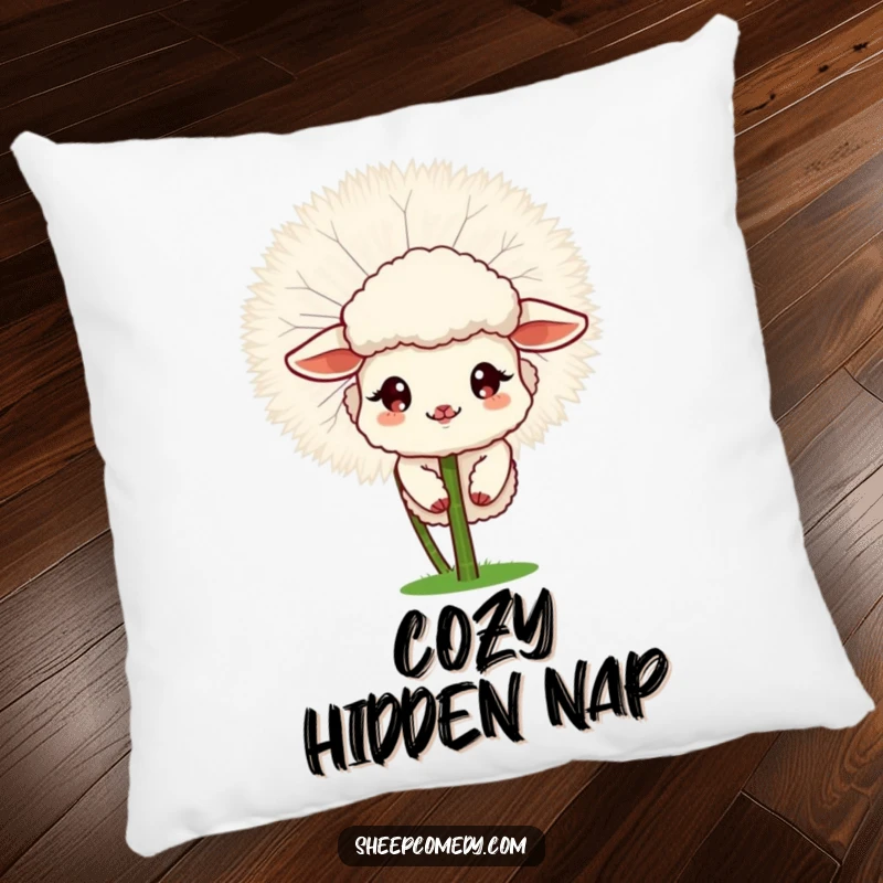 Funny Sheep pillow featuring a sheep peeking from a fluffy dandelion, a soft humorous gift.