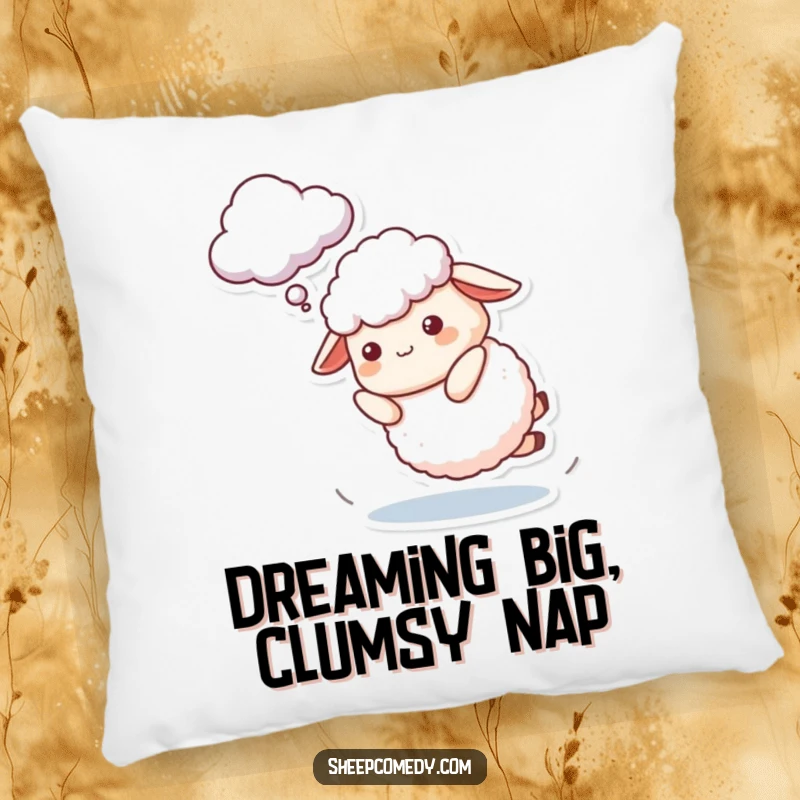 Funny Sheep Pillow featuring a character playfully tripping while attempting to catch a cloud, offering comfort and a humorous visual.