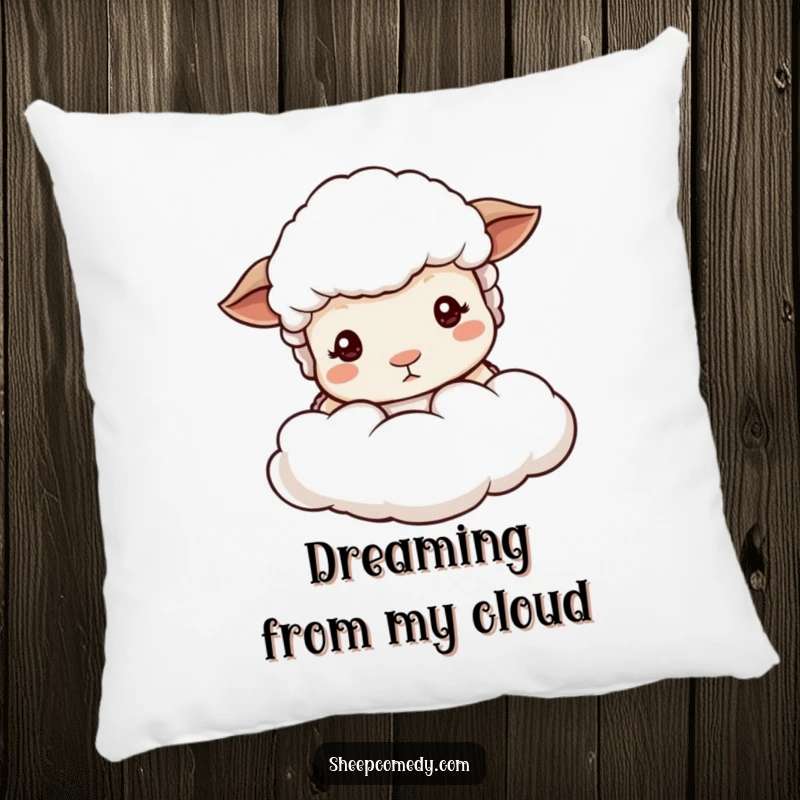 Funny sheep peeking pillow, featuring mild-eyed sheep behind a soft cloud, offering a cozy and tranquil decorative accent.