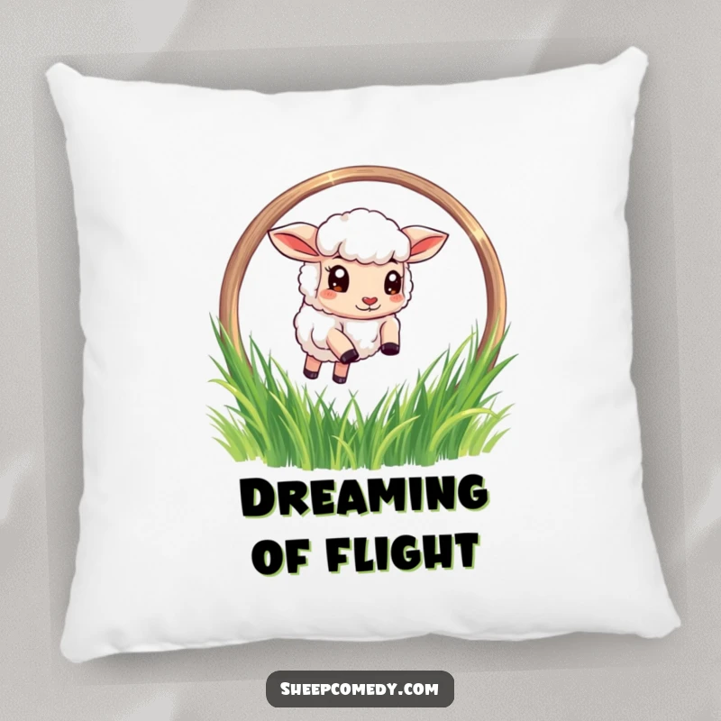 Funny Sheep Pillow: A determined sheep character suspended in mid-air, leaping through a grassy hoop, providing plush humor and comfort.