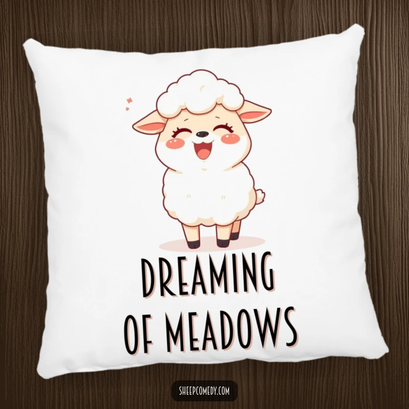 Funny sheep pillow showing a sheep laughing hysterically as a breeze tickles it, offering soft, humorous comfort and decor.