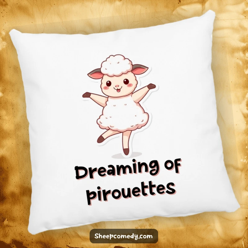 Funny Sheep pillow featuring a cute sheep enthusiastically twirling like a ballerina, ready for a standing ovation.