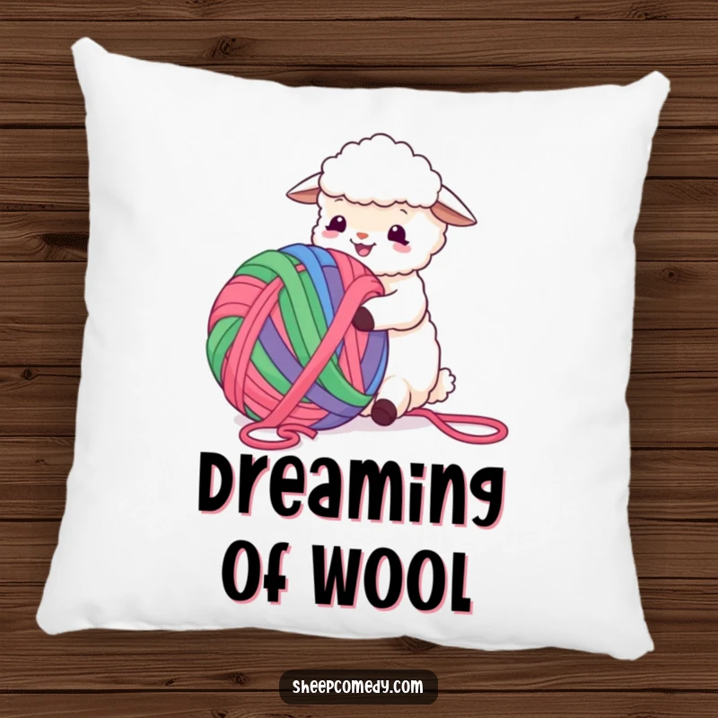 Funny Sheep Pillow showcasing a cheerful sheep joyfully engaging with a massive, rainbow-hued ball of yarn, pure cozy amusement.