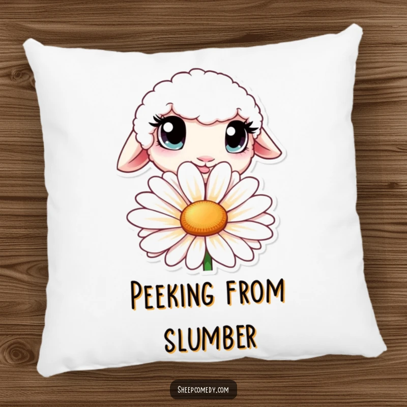 Funny pillow showcasing a sheep with oversized, curious eyes peeking from behind a large daisy.