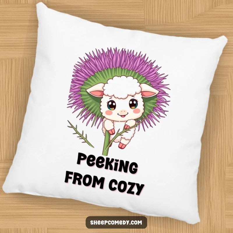 Funny sheep pillow depicting a curious character peeking from behind a thistle, a soft and charming decorative item.